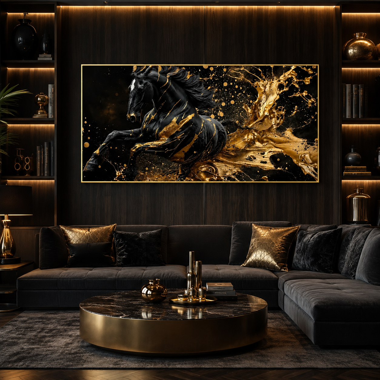 Black Horse Acrylic Wall Art with Gold Splash Effect, Luxury Modern Equestrian Painting for Living Room