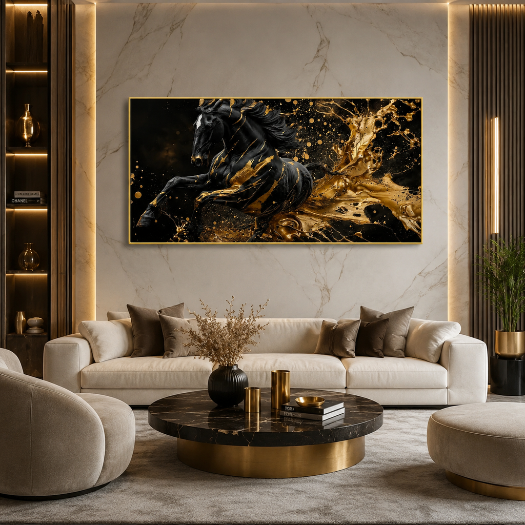 Black Horse Acrylic Wall Art with Gold Splash Effect, Luxury Modern Equestrian Painting for Living Room