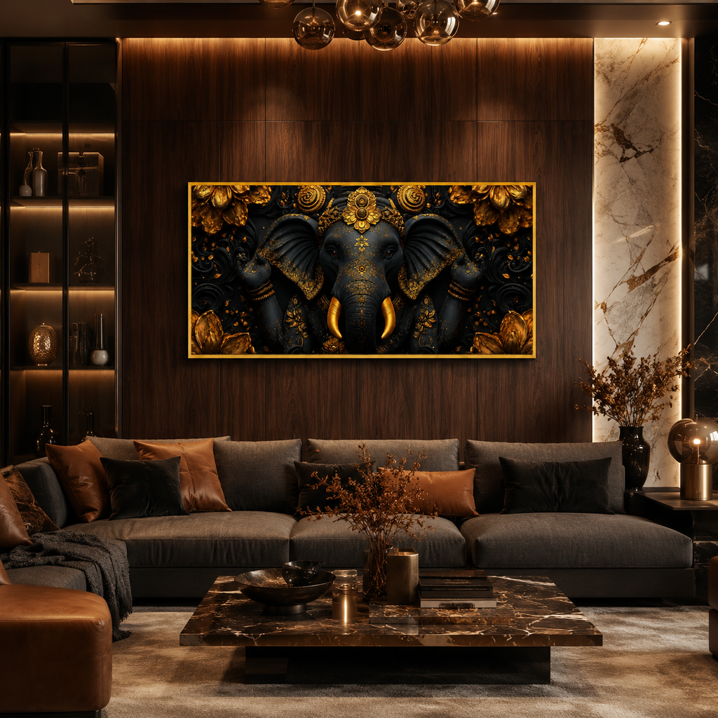 Luxury Golden Ganesha 3D Embossed Canvas Decor Frame Home