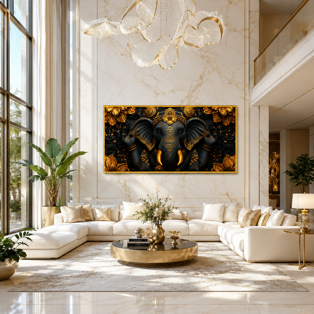 Luxury Golden Ganesha 3D Embossed Canvas Decor Frame Home
