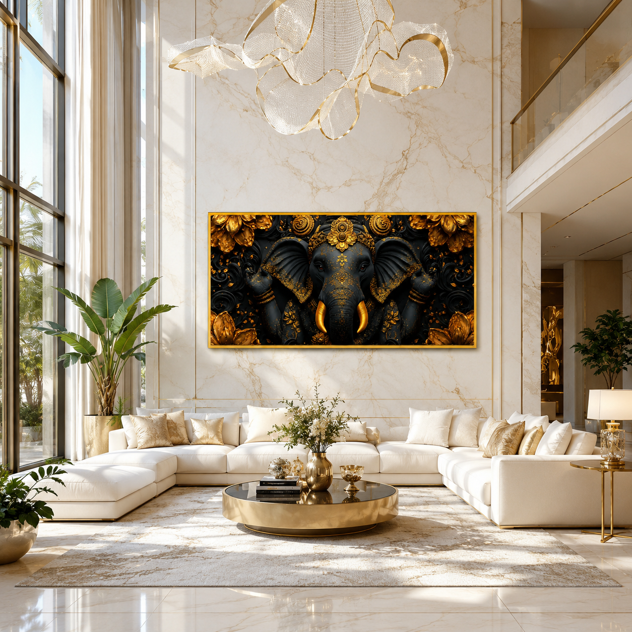Luxury Golden Ganesha 3D Embossed Canvas Decor Frame Home