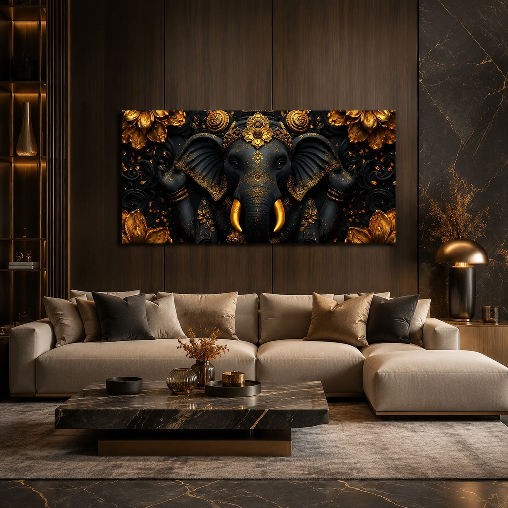 Luxury Golden Ganesha 3D Embossed Canvas Decor Frame Home