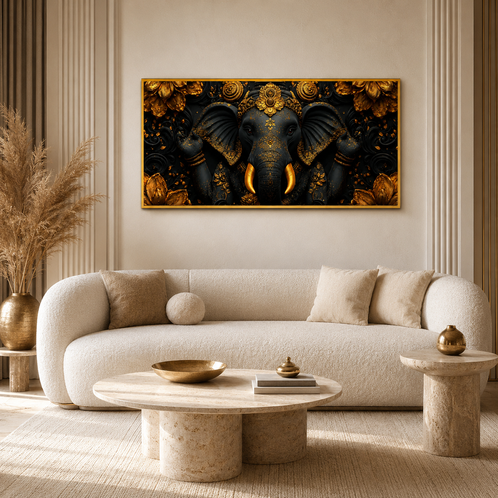 Luxury Golden Ganesha 3D Embossed Canvas Decor Frame Home