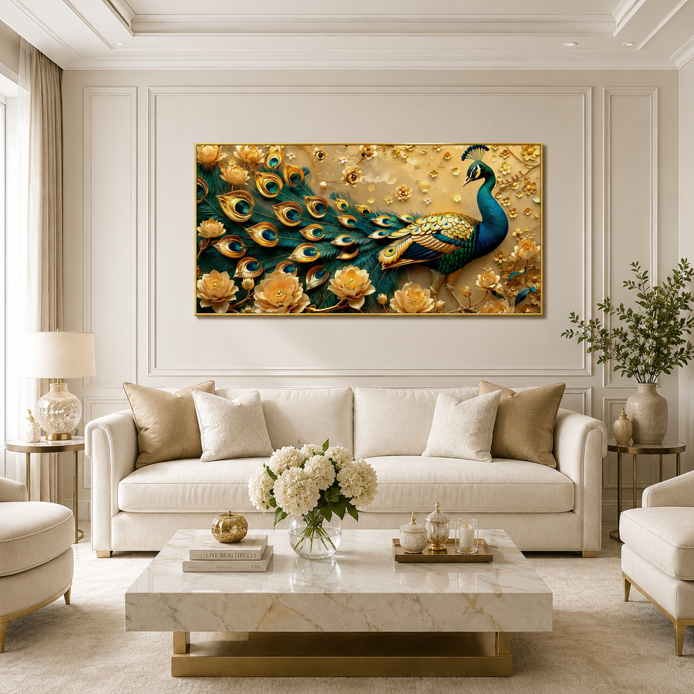 Royal Peacock 3D Wall Painting with Colorful Feathers and Golden Flowers for Living Room Decoration