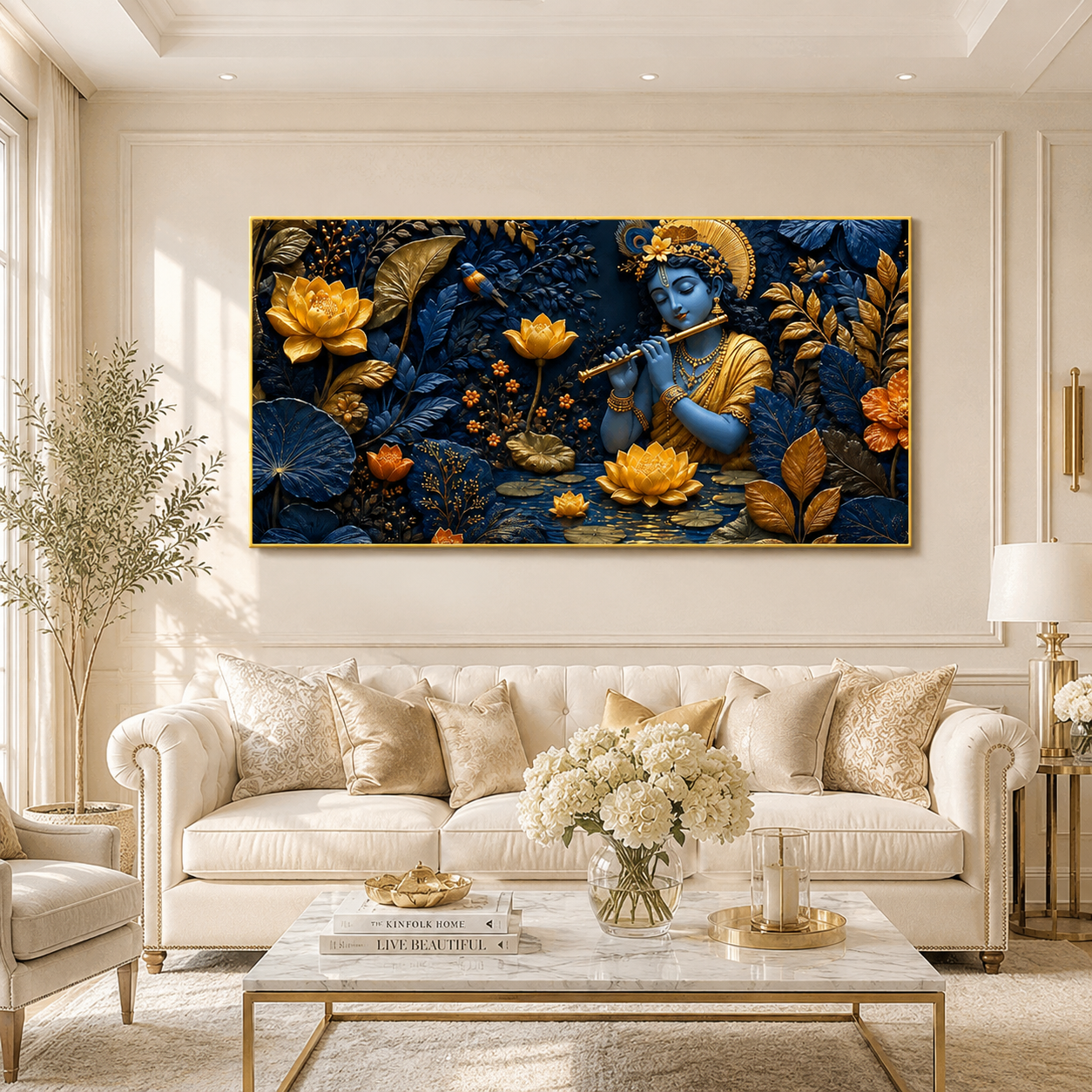Spiritual 3D Krishna Wall Art with Golden Floral Design, Lotus Flowers and Rich Blue Textured Background