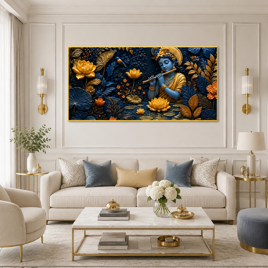 Spiritual 3D Krishna Wall Art with Golden Floral Design, Lotus Flowers and Rich Blue Textured Background