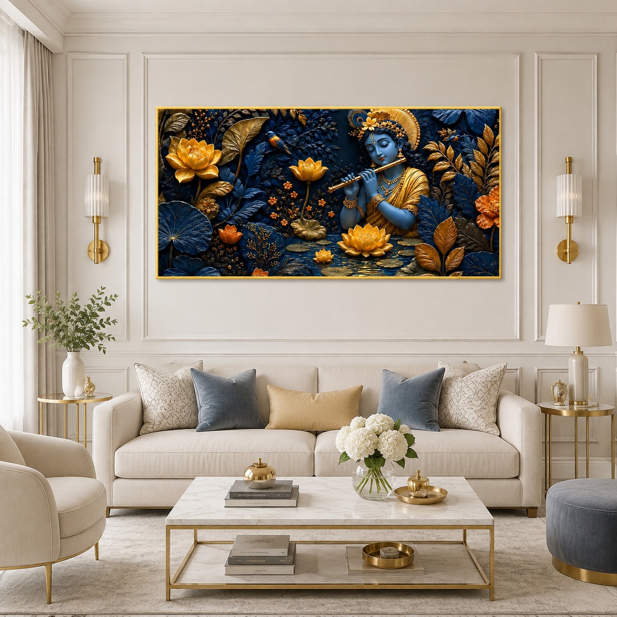 Spiritual 3D Krishna Wall Art with Golden Floral Design, Lotus Flowers and Rich Blue Textured Background