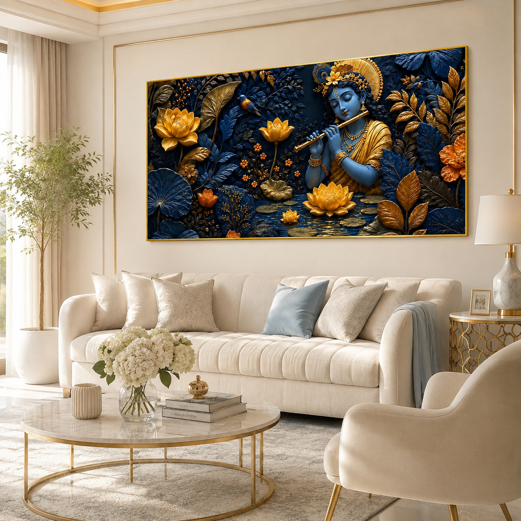Spiritual 3D Krishna Wall Art with Golden Floral Design, Lotus Flowers and Rich Blue Textured Background
