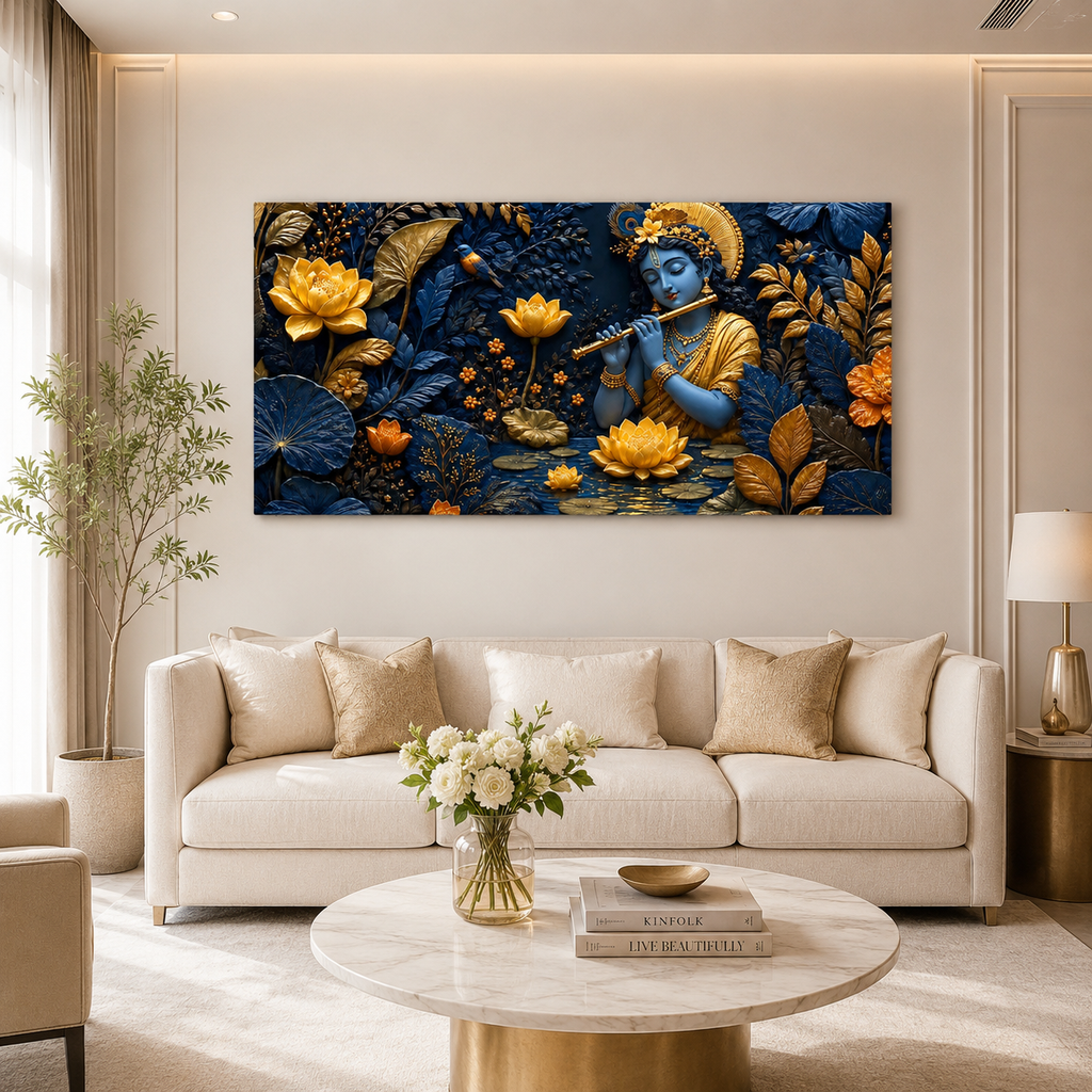 Spiritual 3D Krishna Wall Art with Golden Floral Design, Lotus Flowers and Rich Blue Textured Background