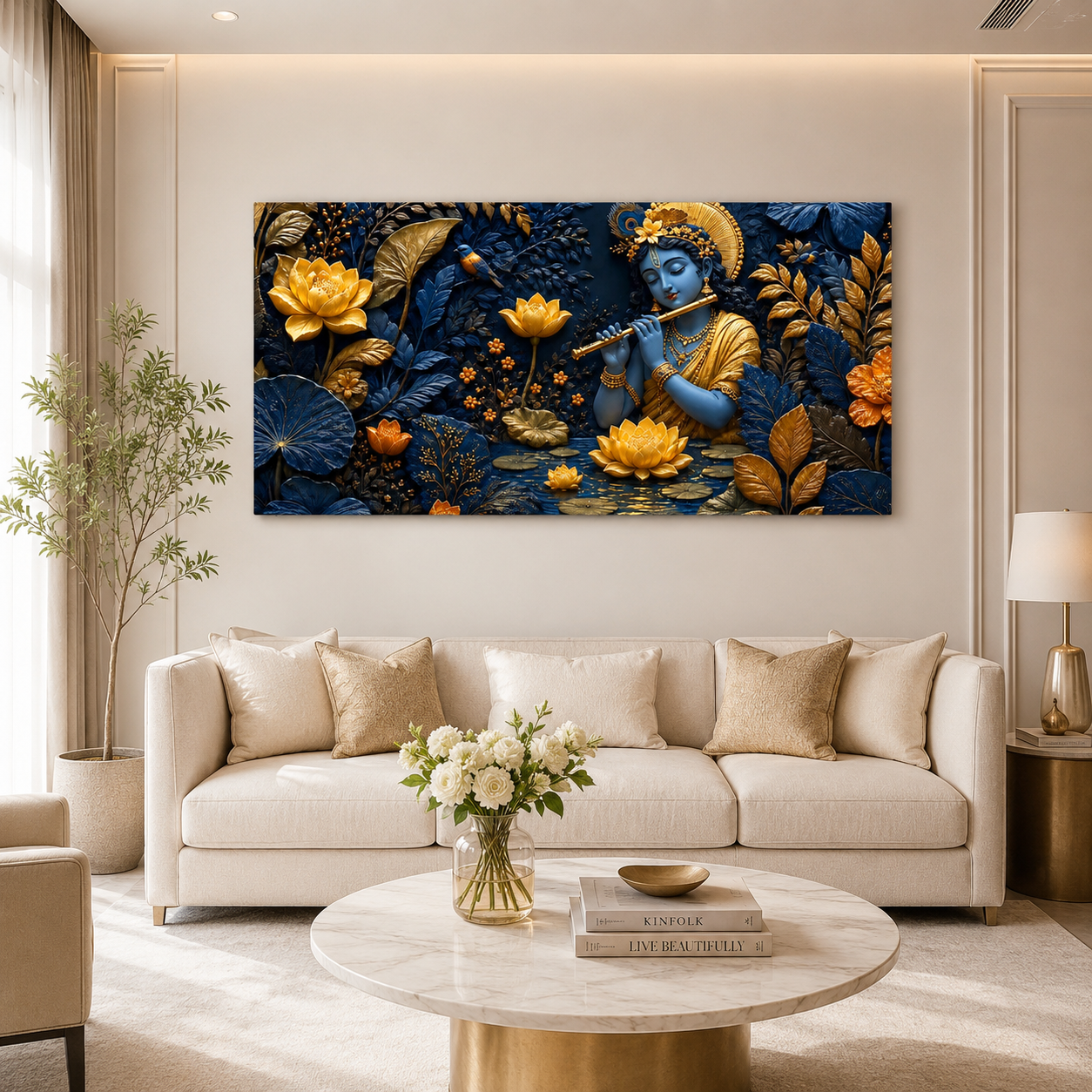 Spiritual 3D Krishna Wall Art with Golden Floral Design, Lotus Flowers and Rich Blue Textured Background