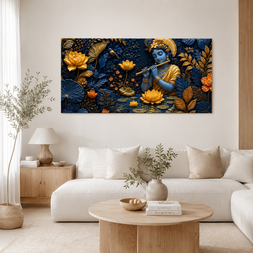 Spiritual 3D Krishna Wall Art with Golden Floral Design, Lotus Flowers and Rich Blue Textured Background