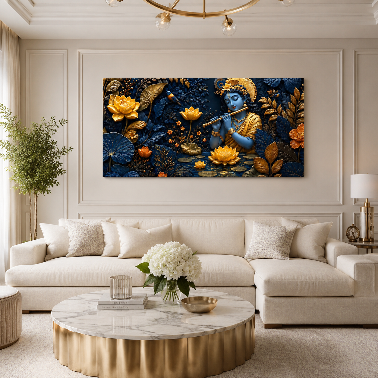 Spiritual 3D Krishna Wall Art with Golden Floral Design, Lotus Flowers and Rich Blue Textured Background