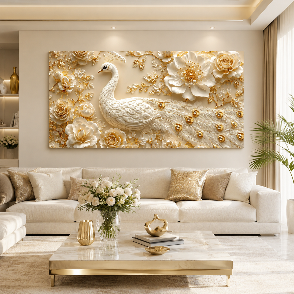 White Peacock Wall Painting with Golden Floral Design and Textured Feather Details for Living Room