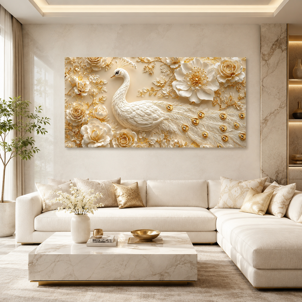 White Peacock Wall Painting with Golden Floral Design and Textured Feather Details for Living Room