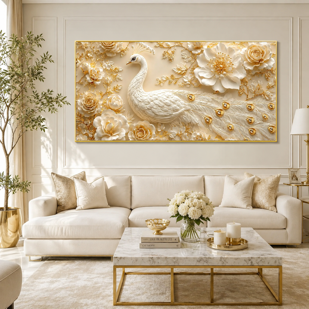 White Peacock Wall Painting with Golden Floral Design and Textured Feather Details for Living Room