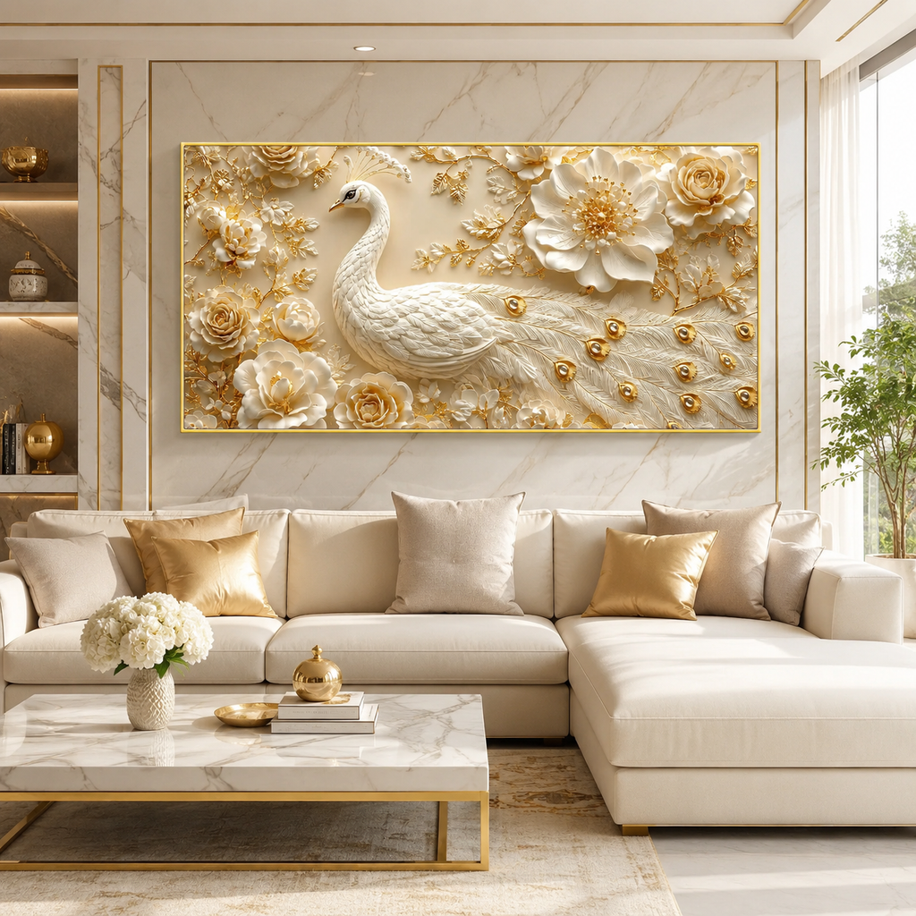 White Peacock Wall Painting with Golden Floral Design and Textured Feather Details for Living Room