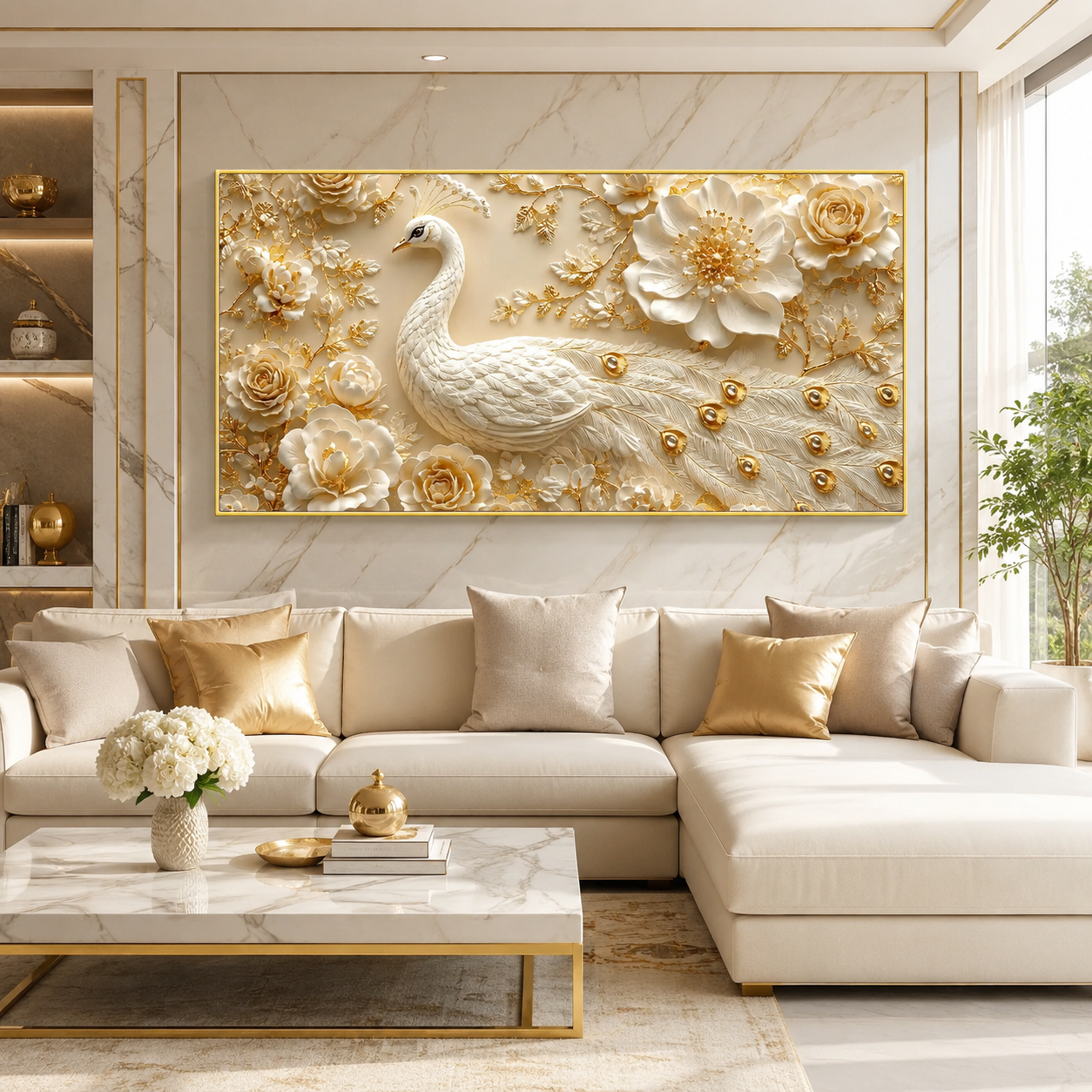 White Peacock Wall Painting with Golden Floral Design and Textured Feather Details for Living Room