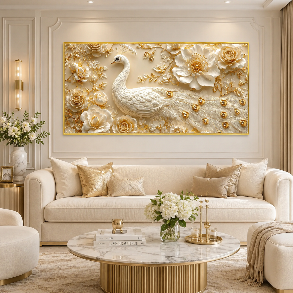 White Peacock Wall Painting with Golden Floral Design and Textured Feather Details for Living Room
