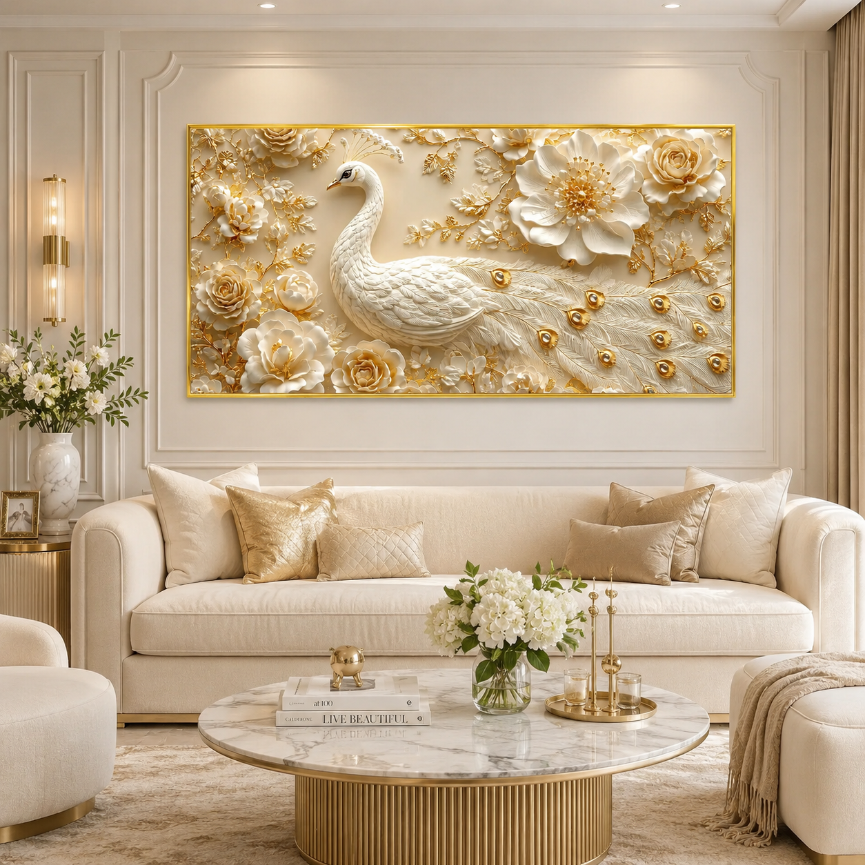 White Peacock Wall Painting with Golden Floral Design and Textured Feather Details for Living Room