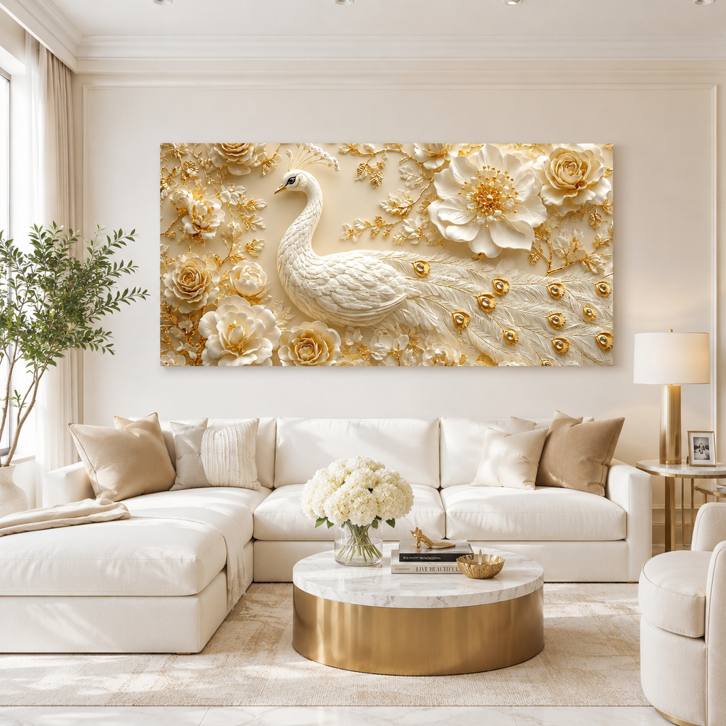 White Peacock Wall Painting with Golden Floral Design and Textured Feather Details for Living Room