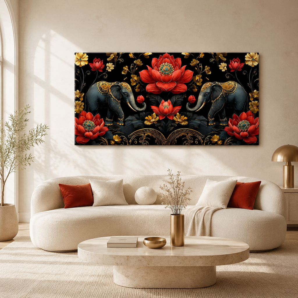 Elegant Elephant Lotus 3D Wall Painting for Living Room Wall Decor