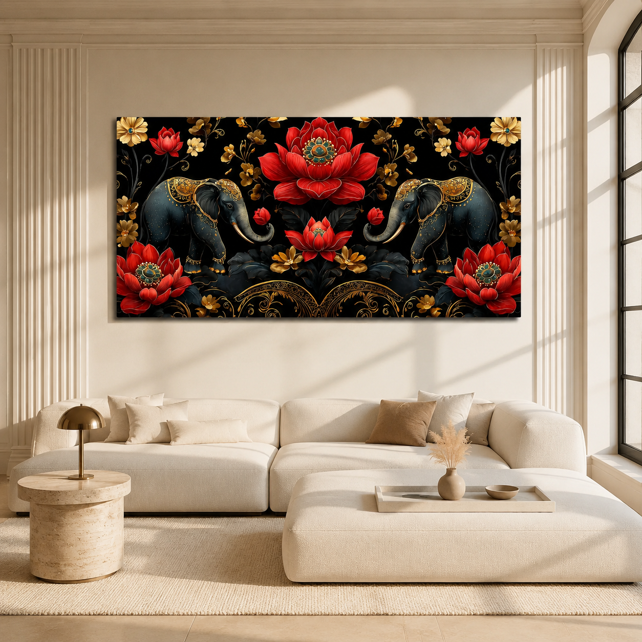 Elegant Elephant Lotus 3D Wall Painting for Living Room Wall Decor