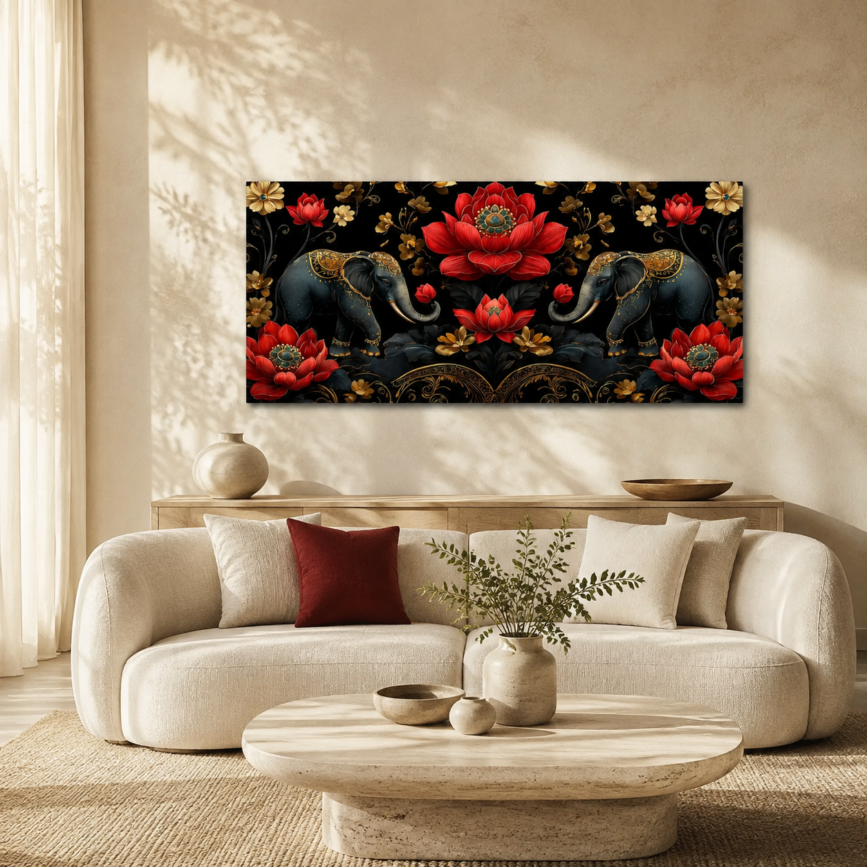 Elegant Elephant Lotus 3D Wall Painting for Living Room Wall Decor