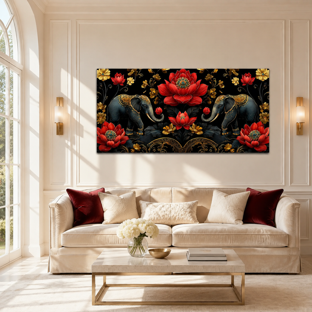 Elegant Elephant Lotus 3D Wall Painting for Living Room Wall Decor