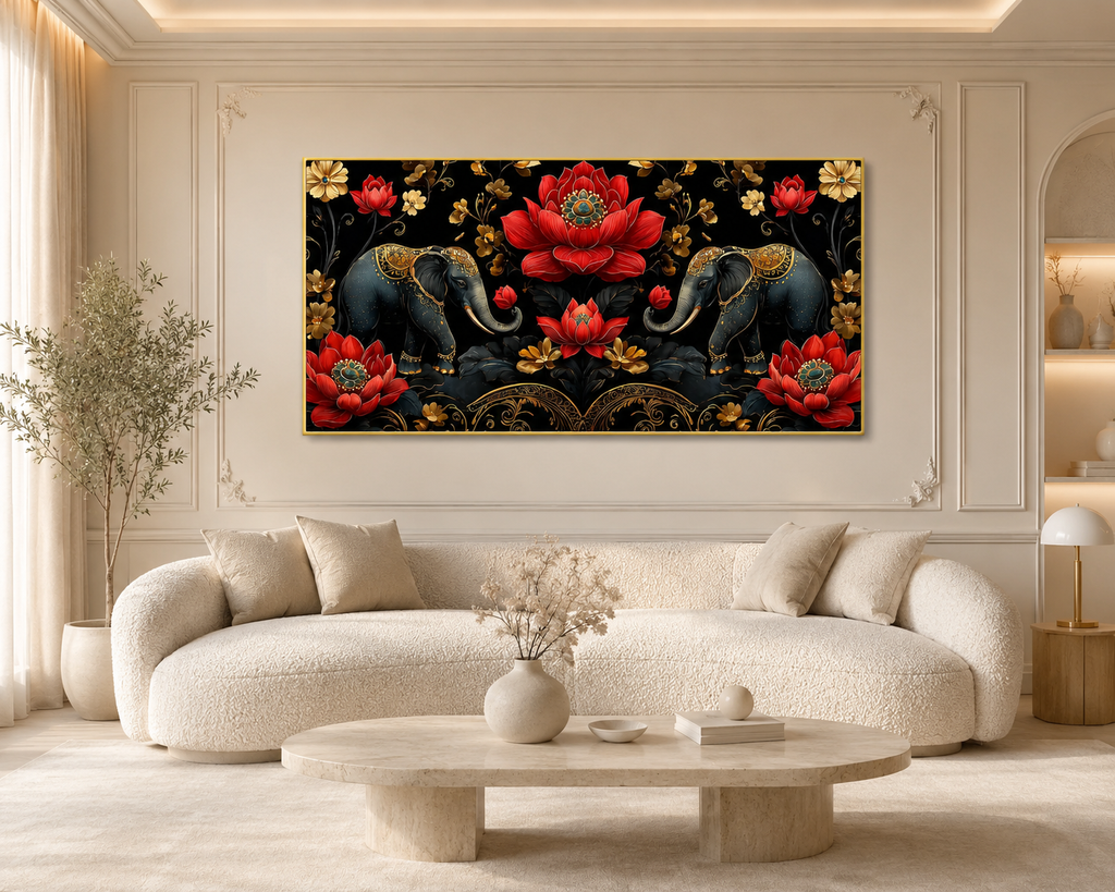 Elegant Elephant Lotus 3D Wall Painting for Living Room Wall Decor