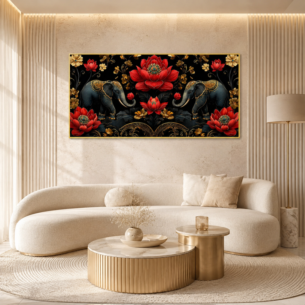 Elegant Elephant Lotus 3D Wall Painting for Living Room Wall Decor