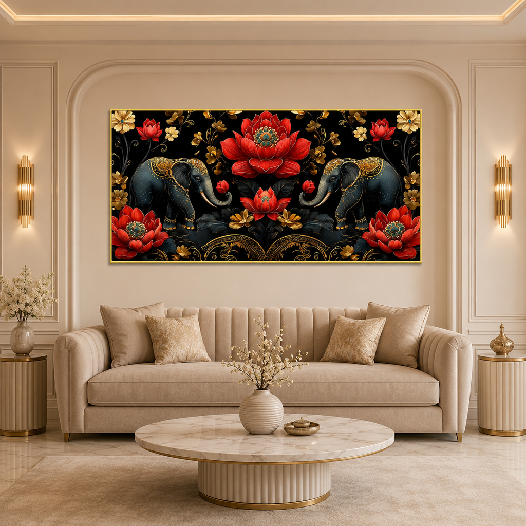 Elegant Elephant Lotus 3D Wall Painting for Living Room Wall Decor