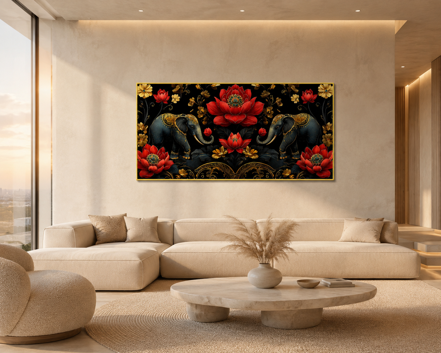 Elegant Elephant Lotus 3D Wall Painting for Living Room Wall Decor