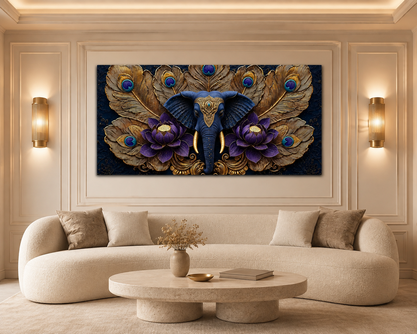 Premium Elephant Lotus 3D Wall Painting for Living Room Wall Decor