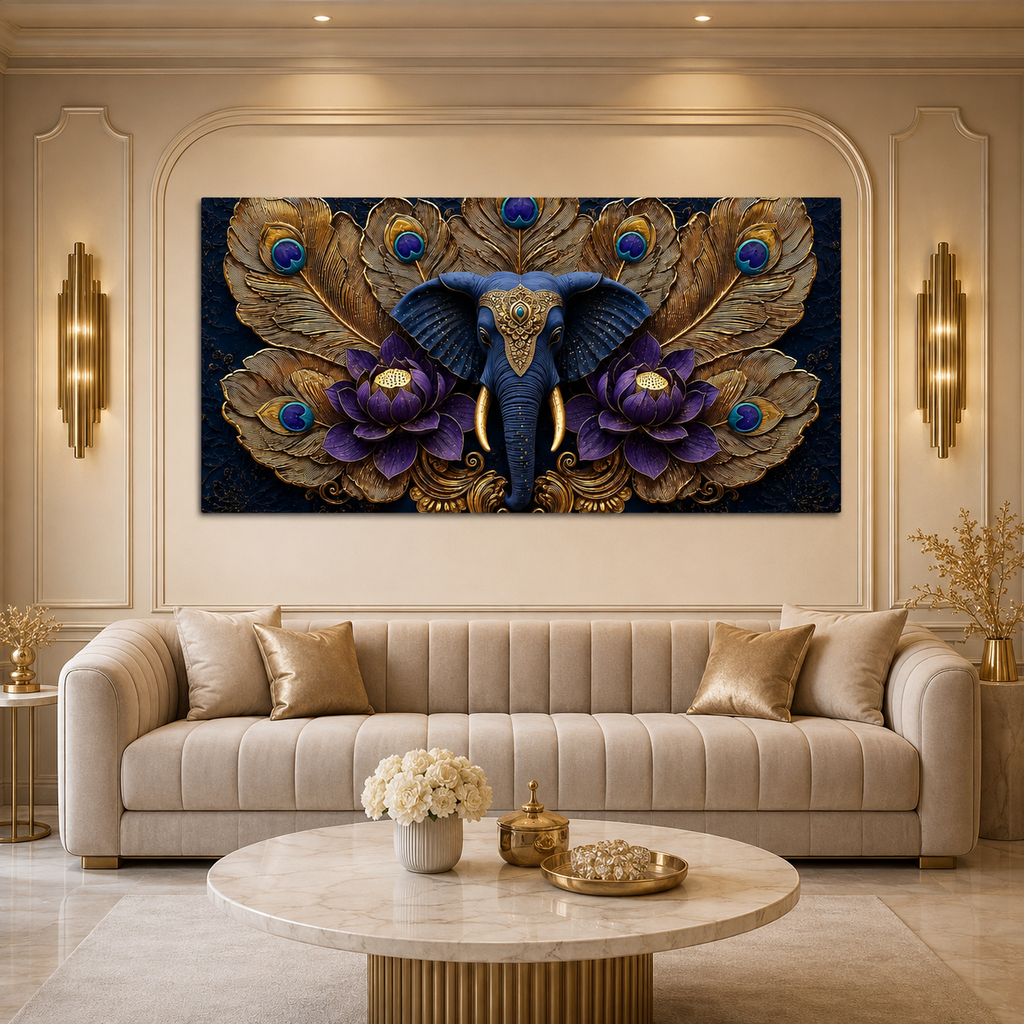 Premium Elephant Lotus 3D Wall Painting for Living Room Wall Decor