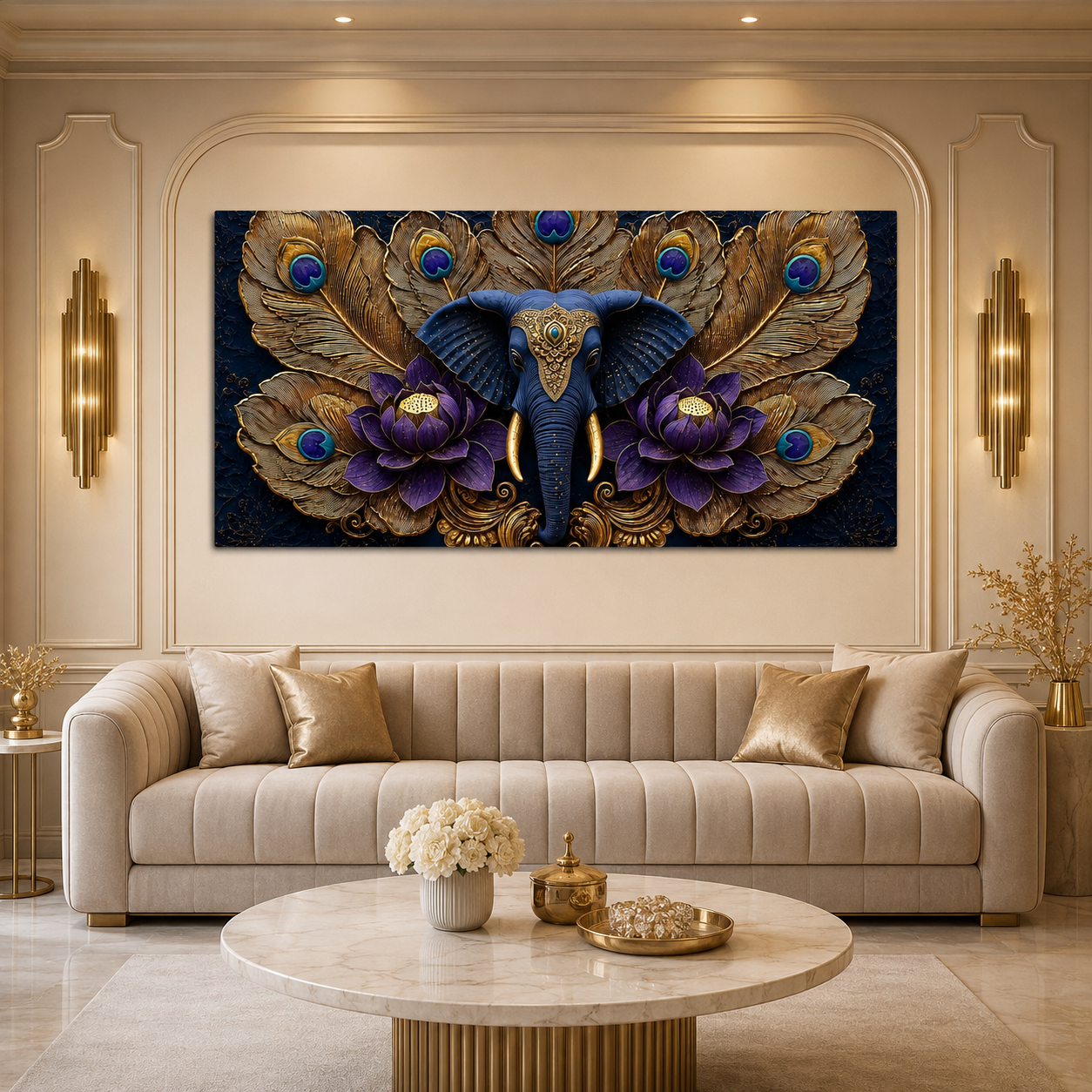 Premium Elephant Lotus 3D Wall Painting for Living Room Wall Decor