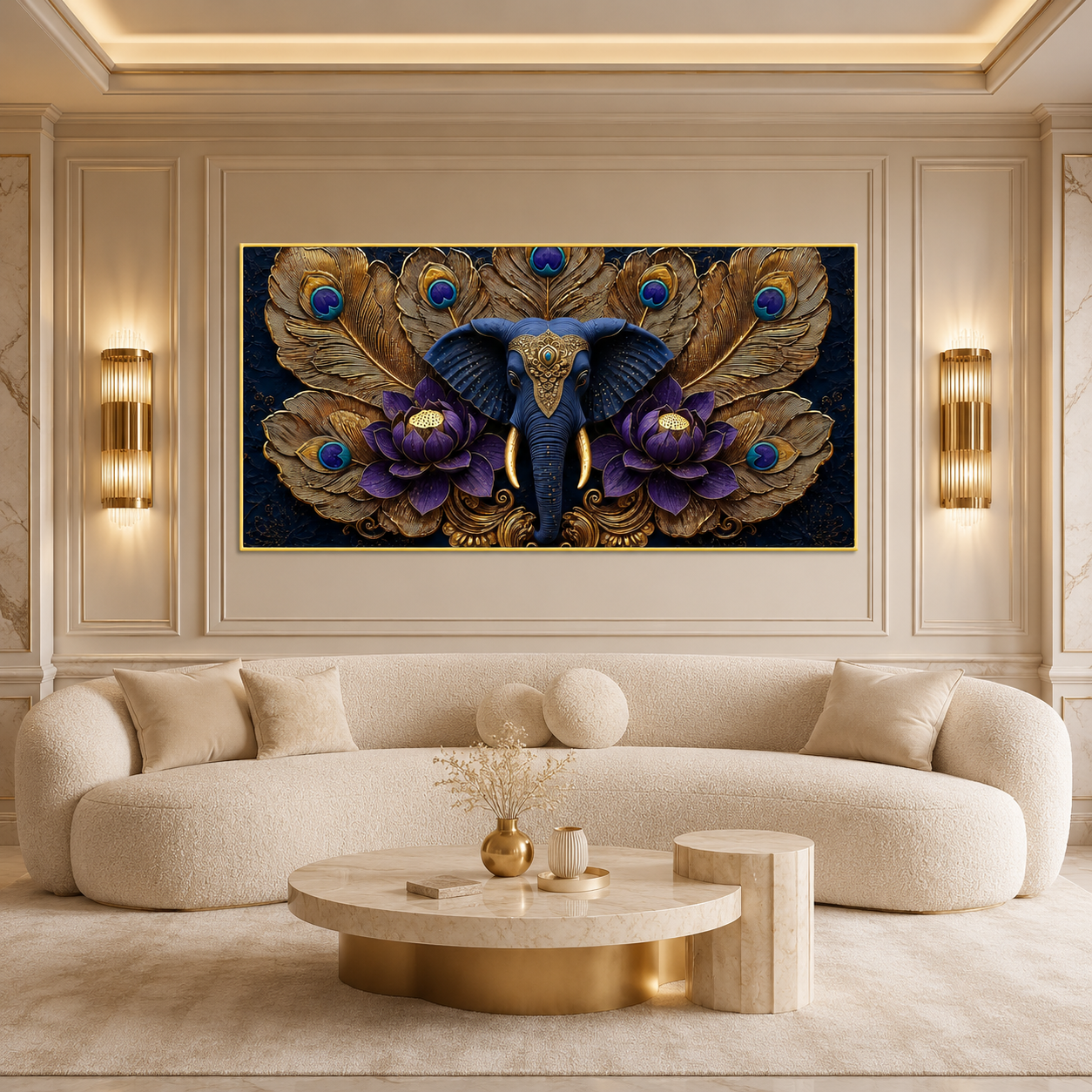 Premium Elephant Lotus 3D Wall Painting for Living Room Wall Decor