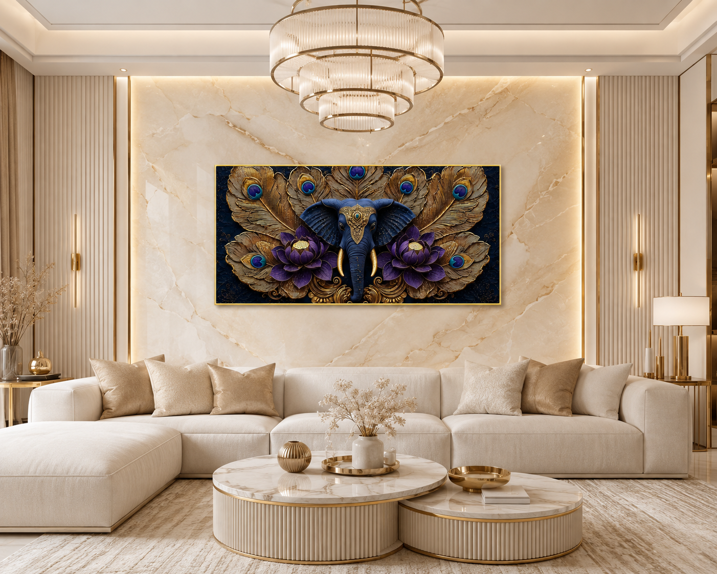 Premium Elephant Lotus 3D Wall Painting for Living Room Wall Decor