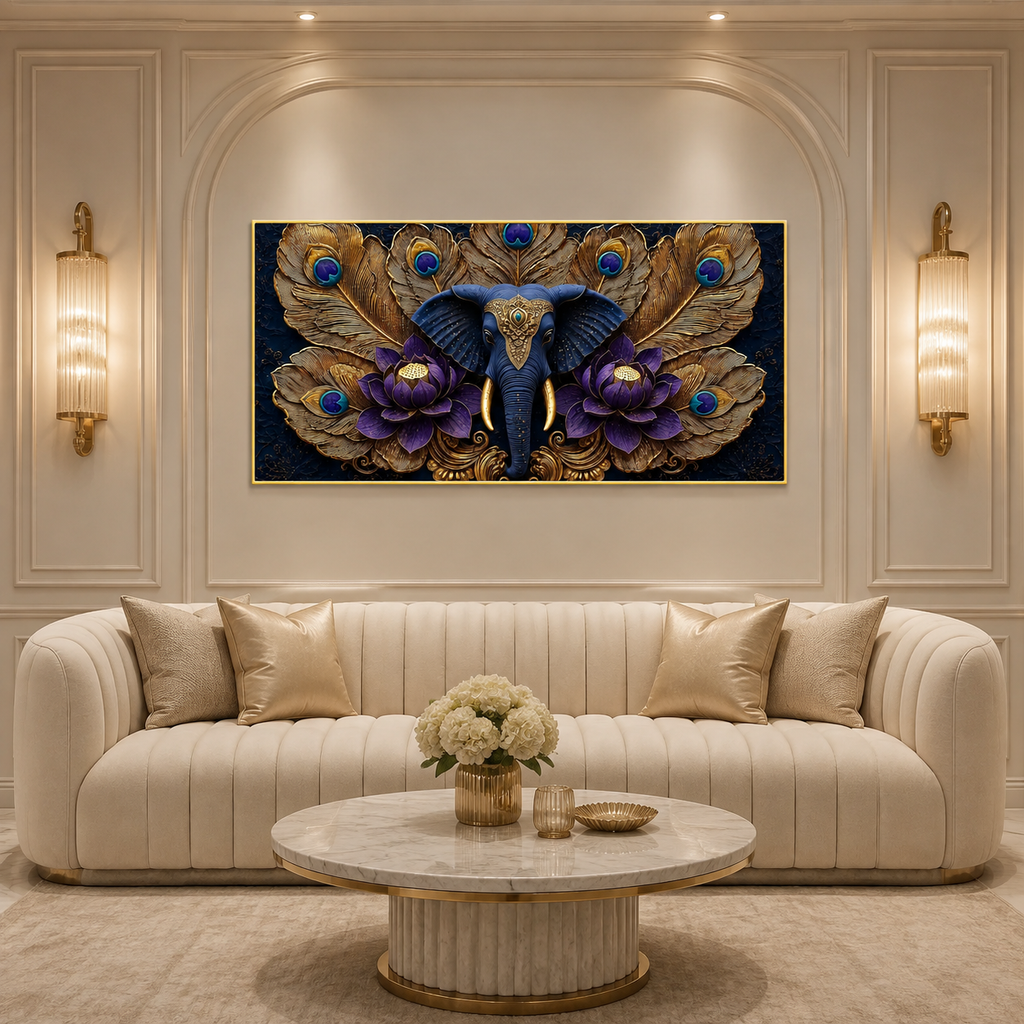 Premium Elephant Lotus 3D Wall Painting for Living Room Wall Decor