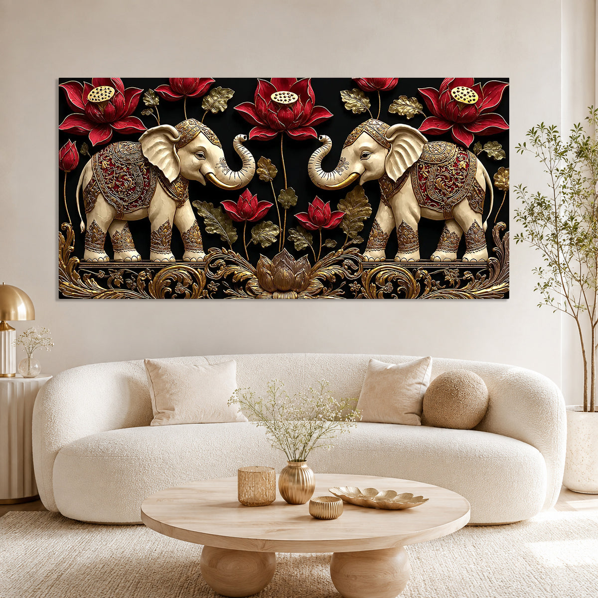Elegant Double Elephant Lotus 3D Wall Art for Modern Living Room