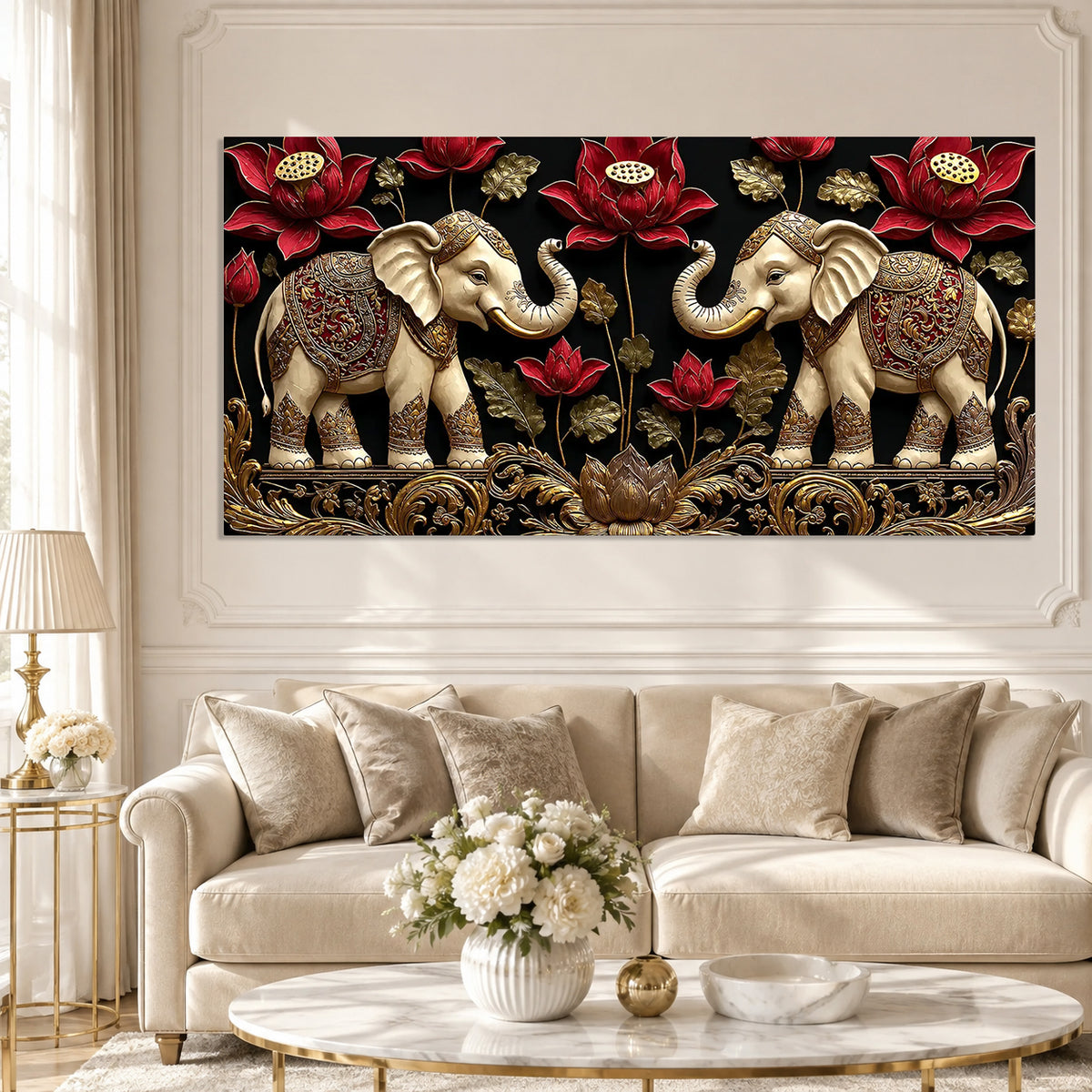 Elegant Double Elephant Lotus 3D Wall Art for Modern Living Room