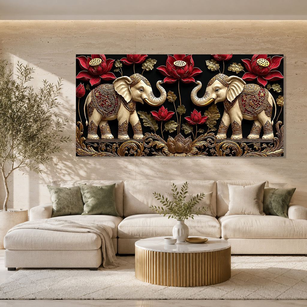 Elegant Double Elephant Lotus 3D Wall Art for Modern Living Room