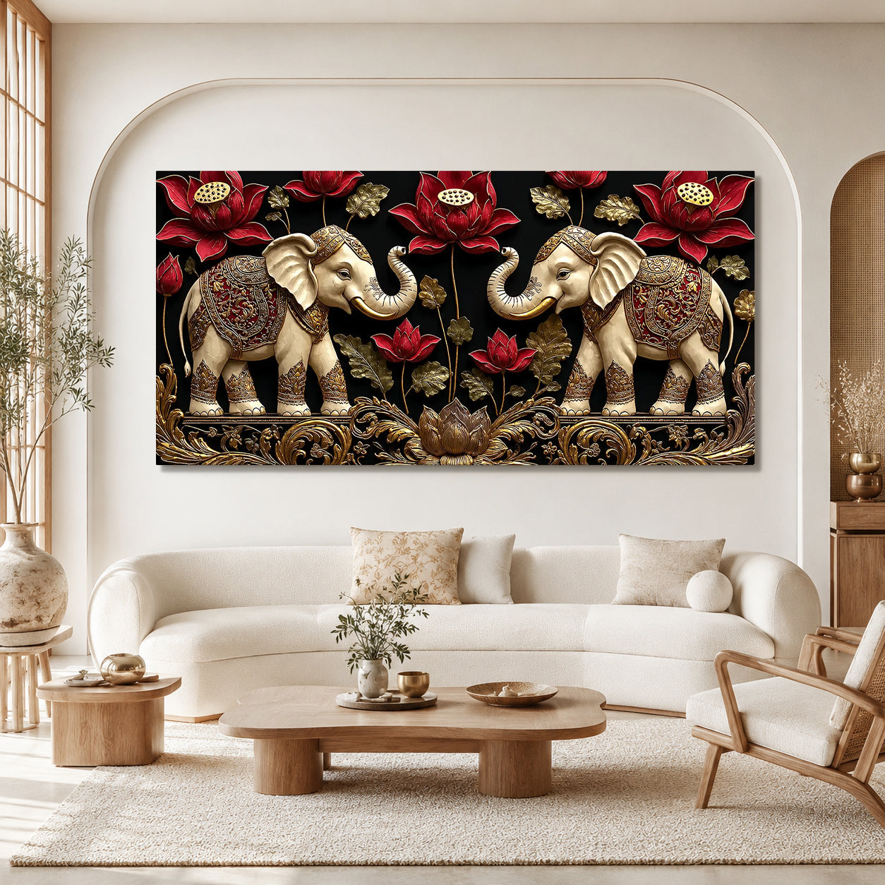 Elegant Double Elephant Lotus 3D Wall Art for Modern Living Room