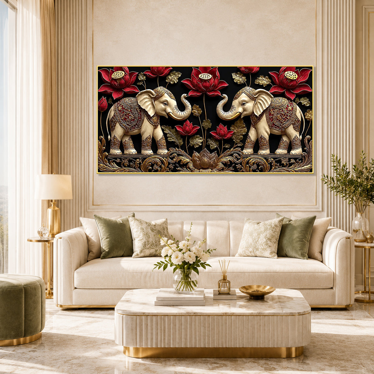 Elegant Double Elephant Lotus 3D Wall Art for Modern Living Room