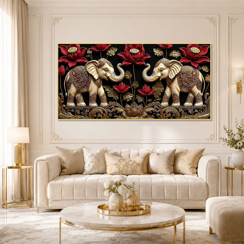 Elegant Double Elephant Lotus 3D Wall Art for Modern Living Room