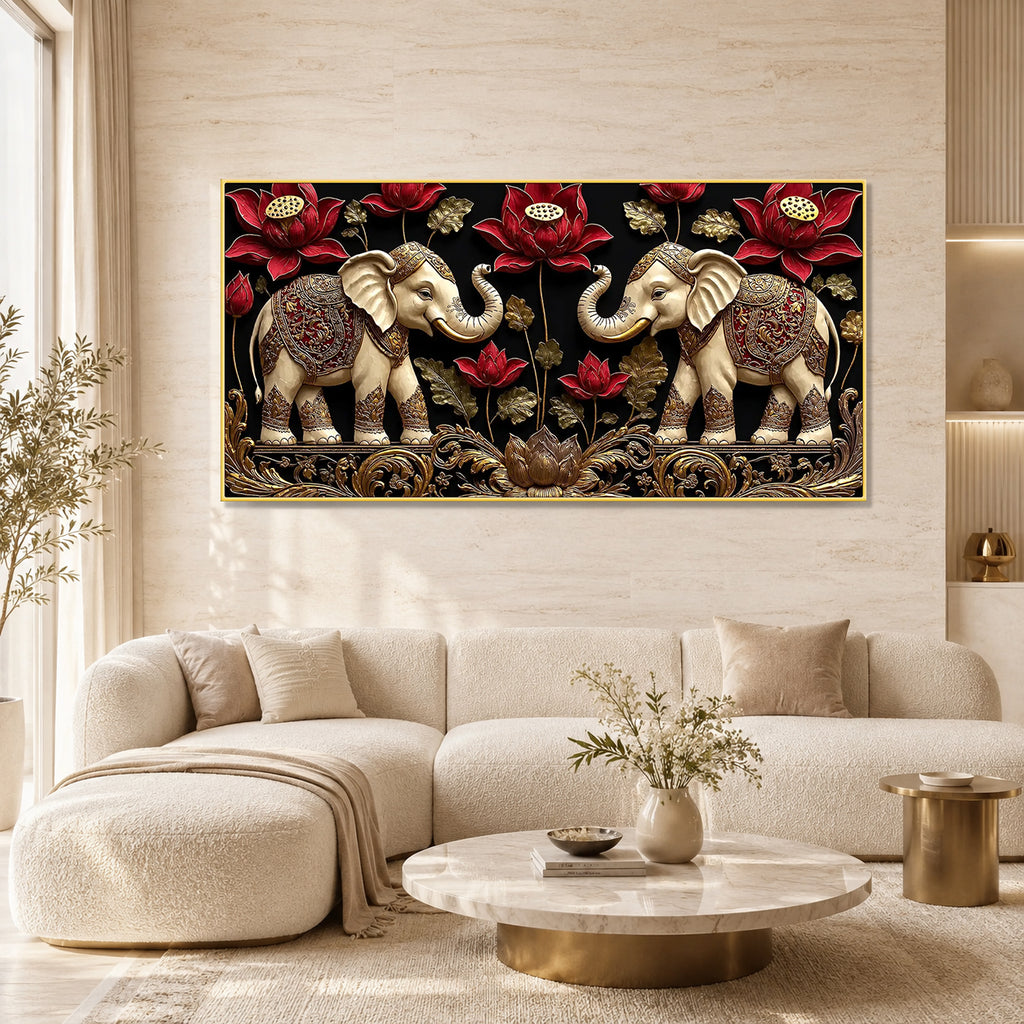Elegant Double Elephant Lotus 3D Wall Art for Modern Living Room