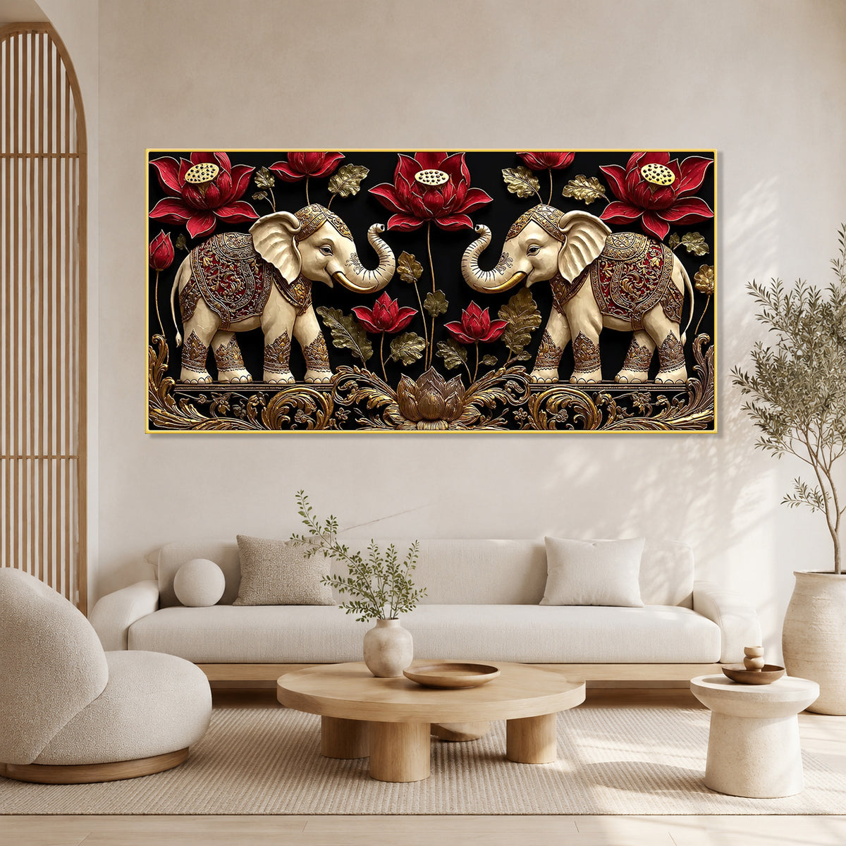Elegant Double Elephant Lotus 3D Wall Art for Modern Living Room