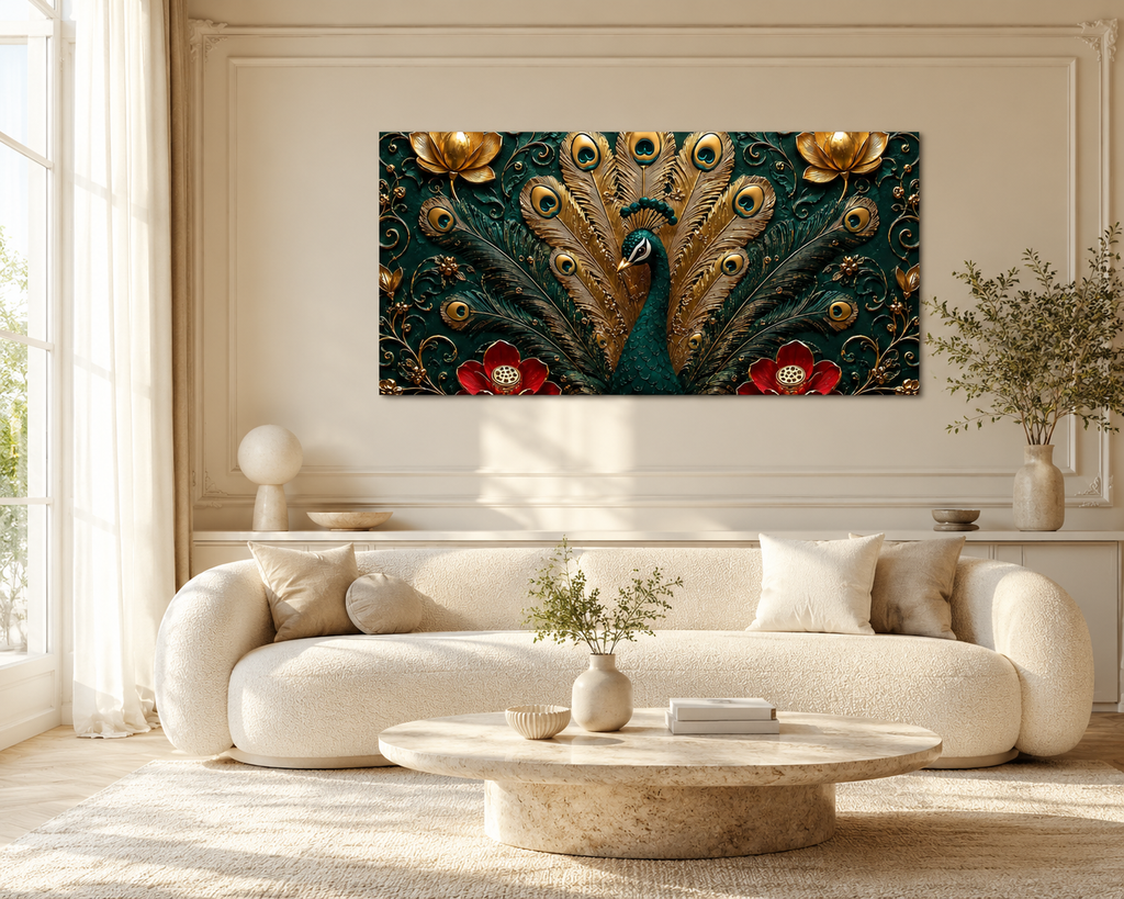 Royal Peacock 3D Painting with Floral Design and Elegant Gold Details