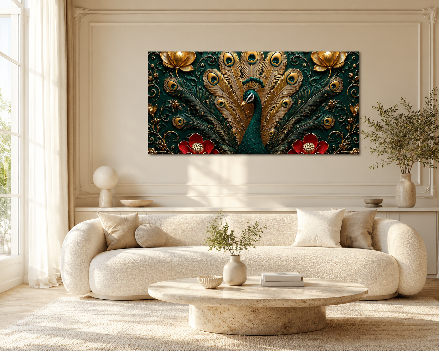 Royal Peacock 3D Painting with Floral Design and Elegant Gold Details