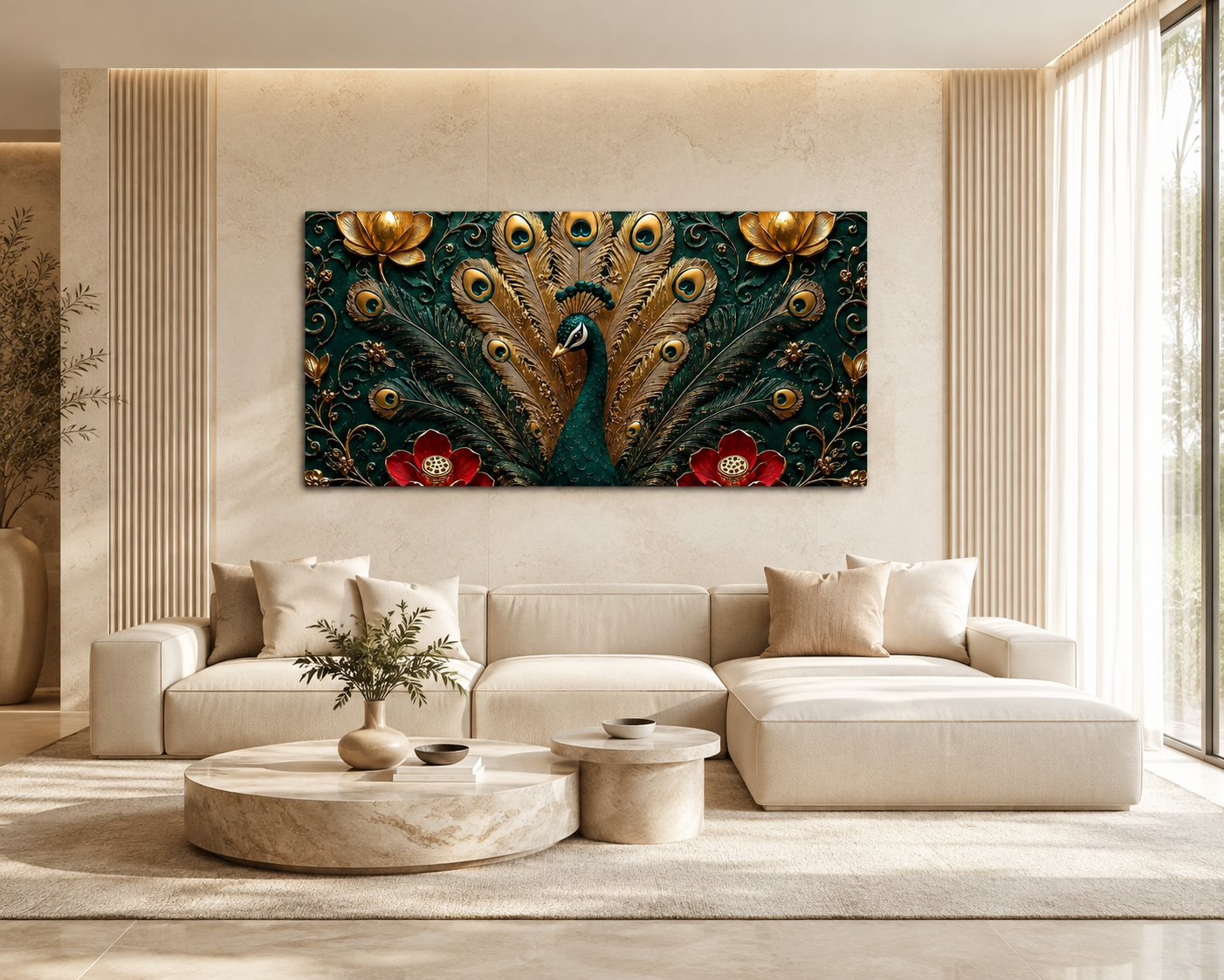 Royal Peacock 3D Painting with Floral Design and Elegant Gold Details