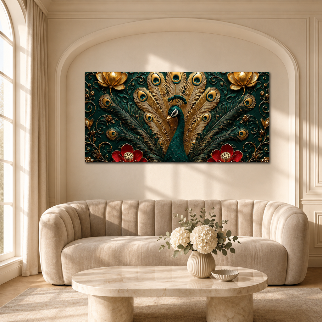 Royal Peacock 3D Painting with Floral Design and Elegant Gold Details